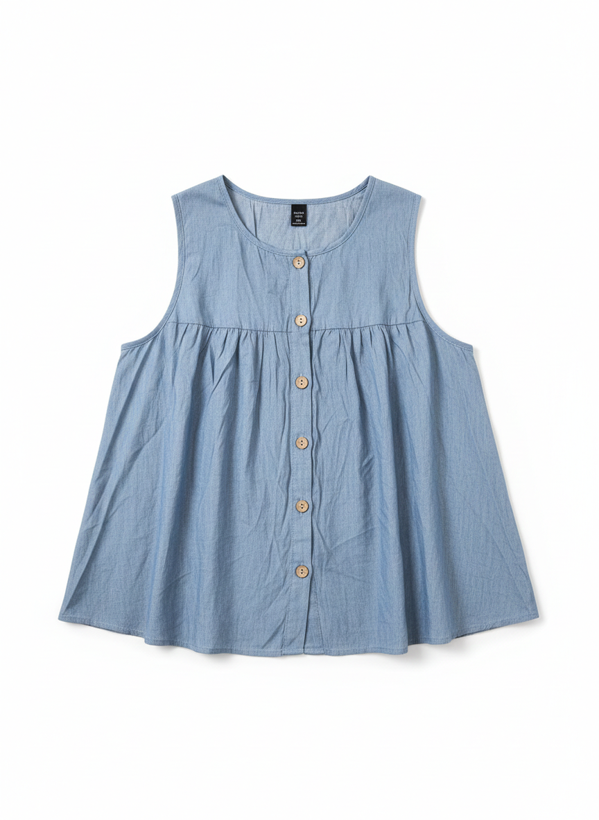 Blusa Sin Mangas Denim Suave con Botones Frontales