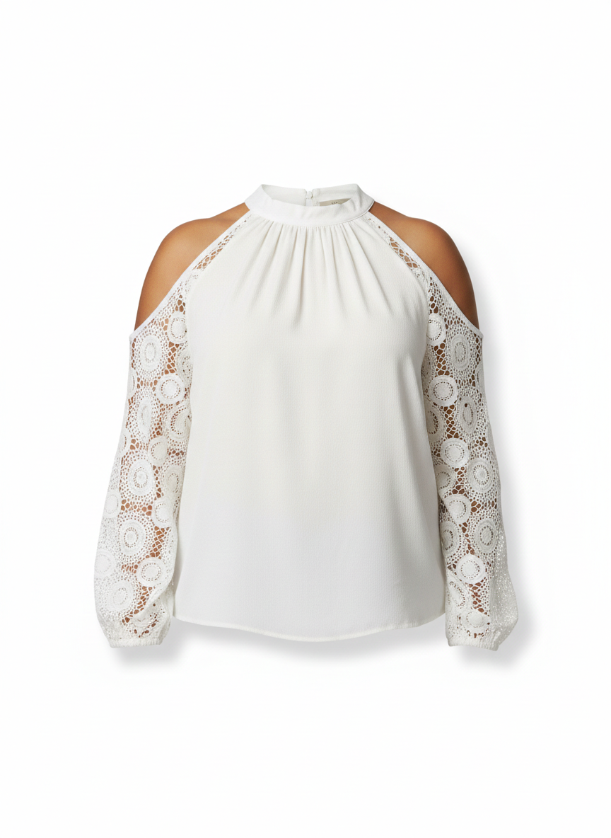 Blusa Halter Blanca con Mangas de Encaje