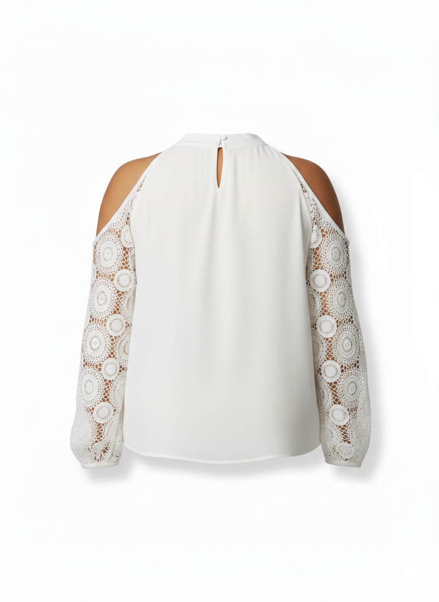 Blusa Halter Blanca con Mangas de Encaje