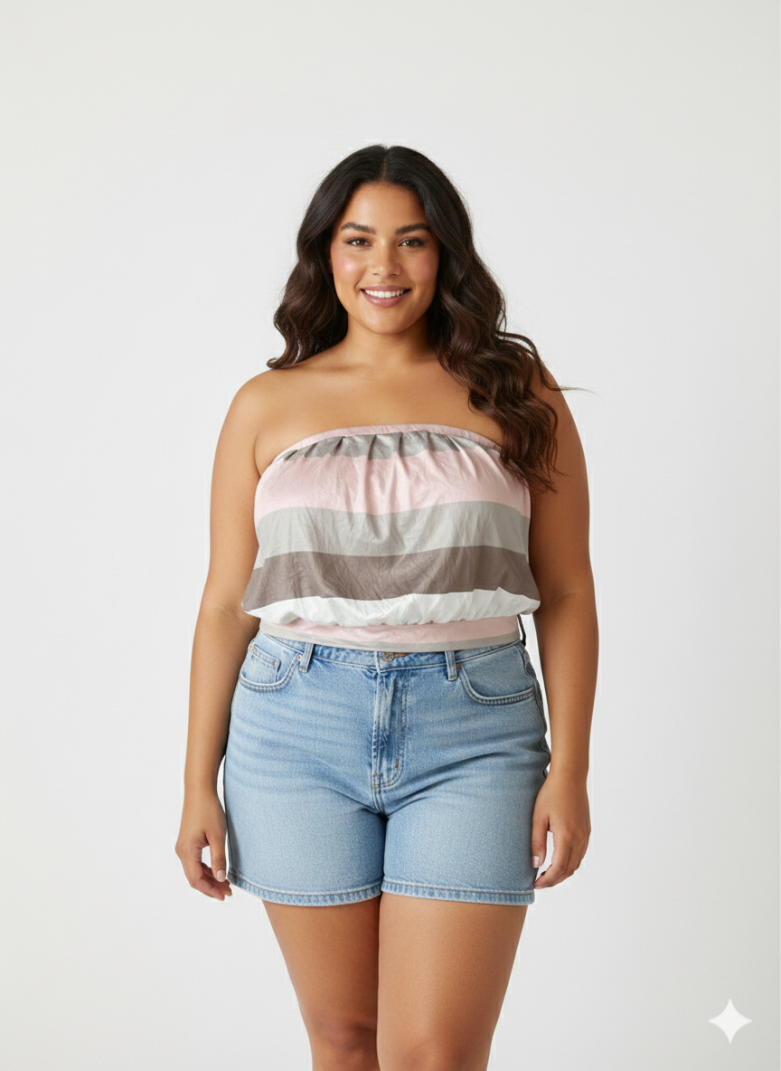 Top Bandeau a Rayas Pastel con Frunce