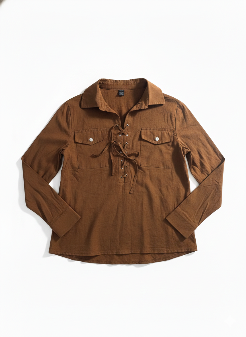 Camisa Marrón con Acordonado frontal y Bolsillos