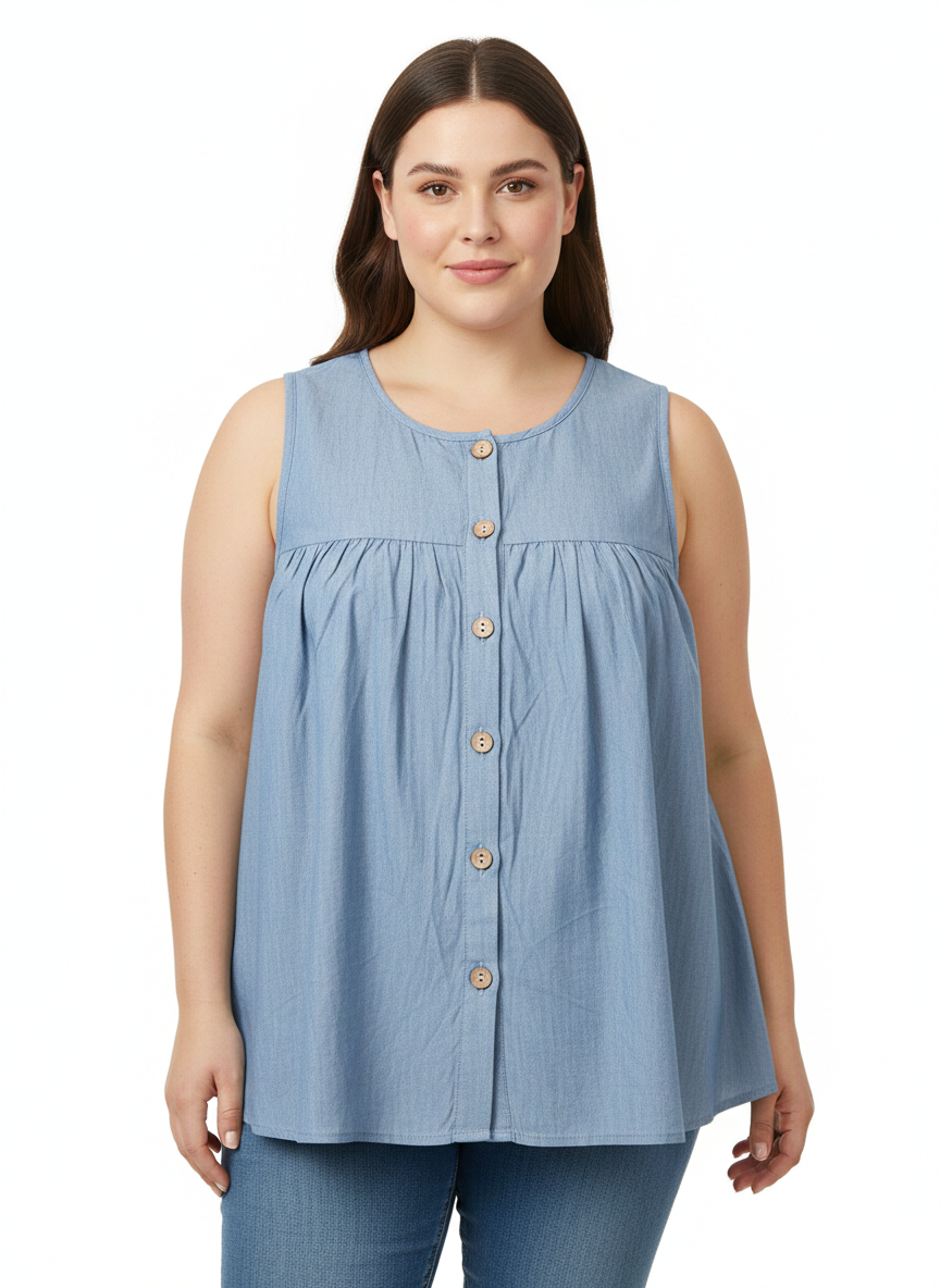 Blusa Sin Mangas Denim Suave con Botones Frontales