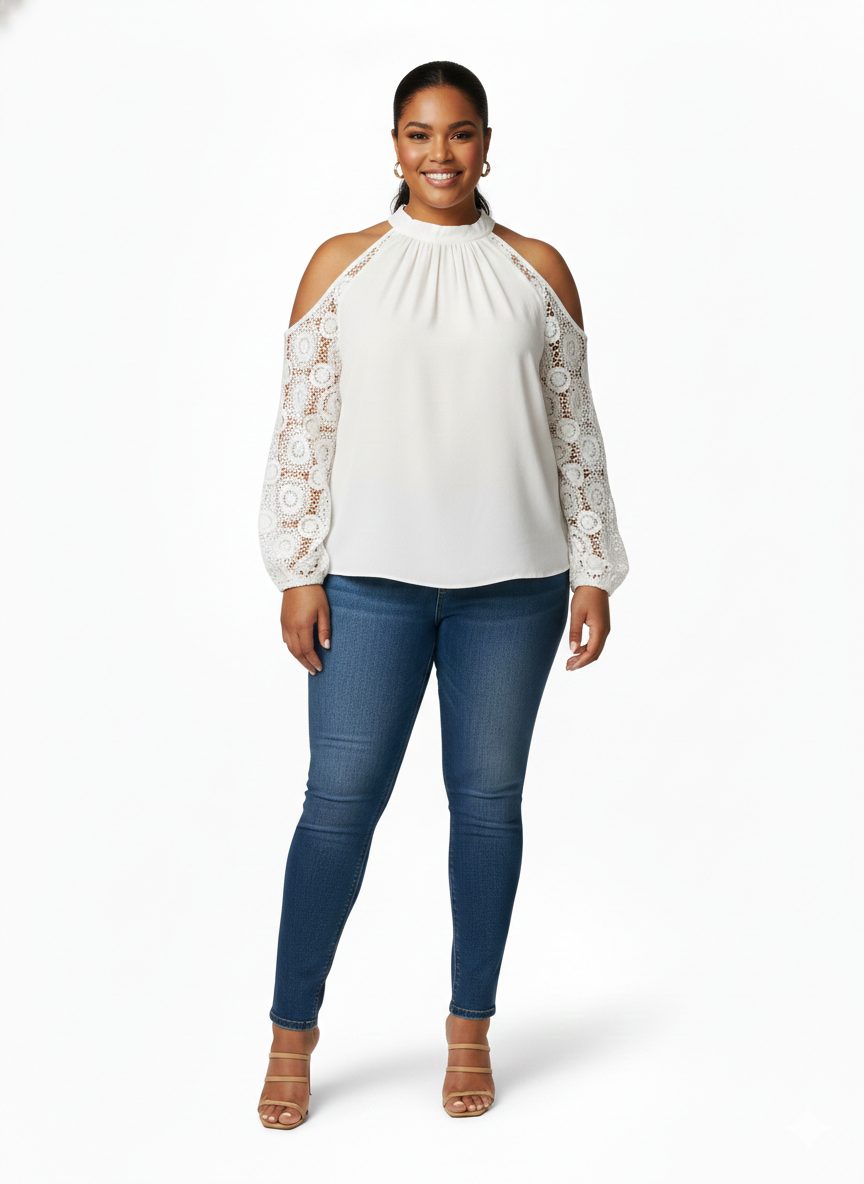 Blusa Halter Blanca con Mangas de Encaje