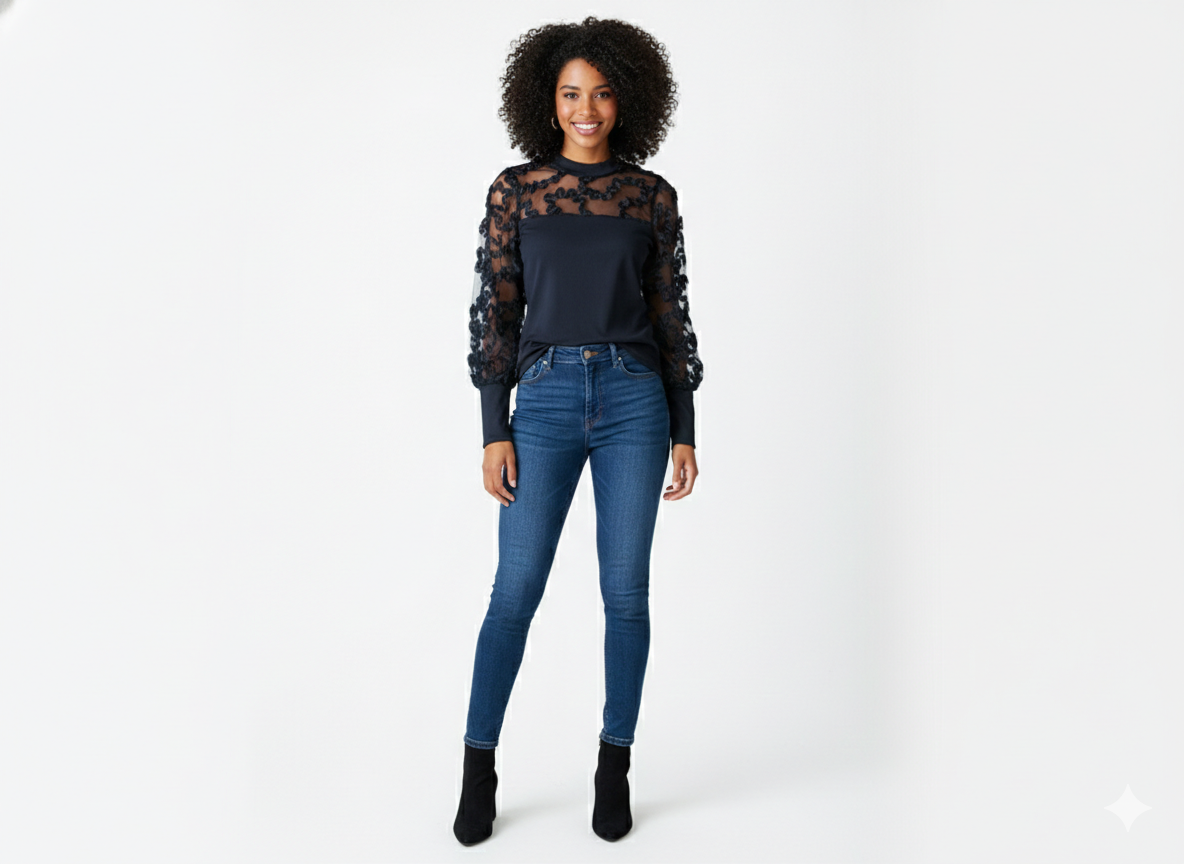 Blusa Negra con Mangas de Tul