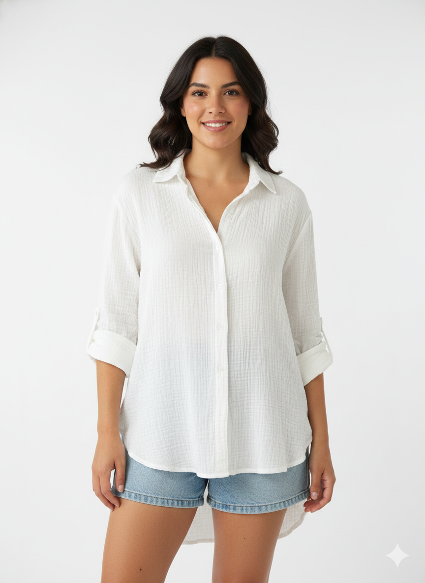 Camisa Blanca Oversize de Algodón Texturizada