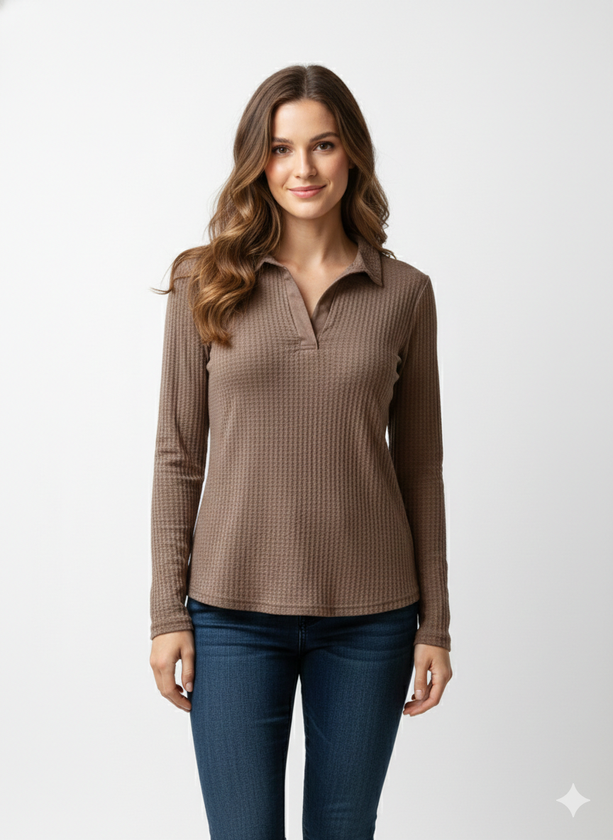 Remera Manga Larga Texturada con Cuello Abierto